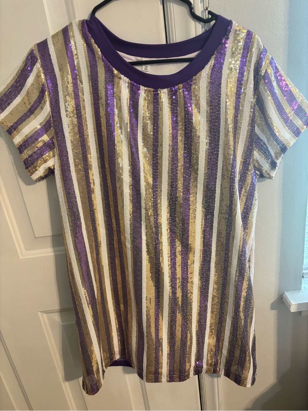 Purple & Gold Striped Sequin Short Sleeve Dress